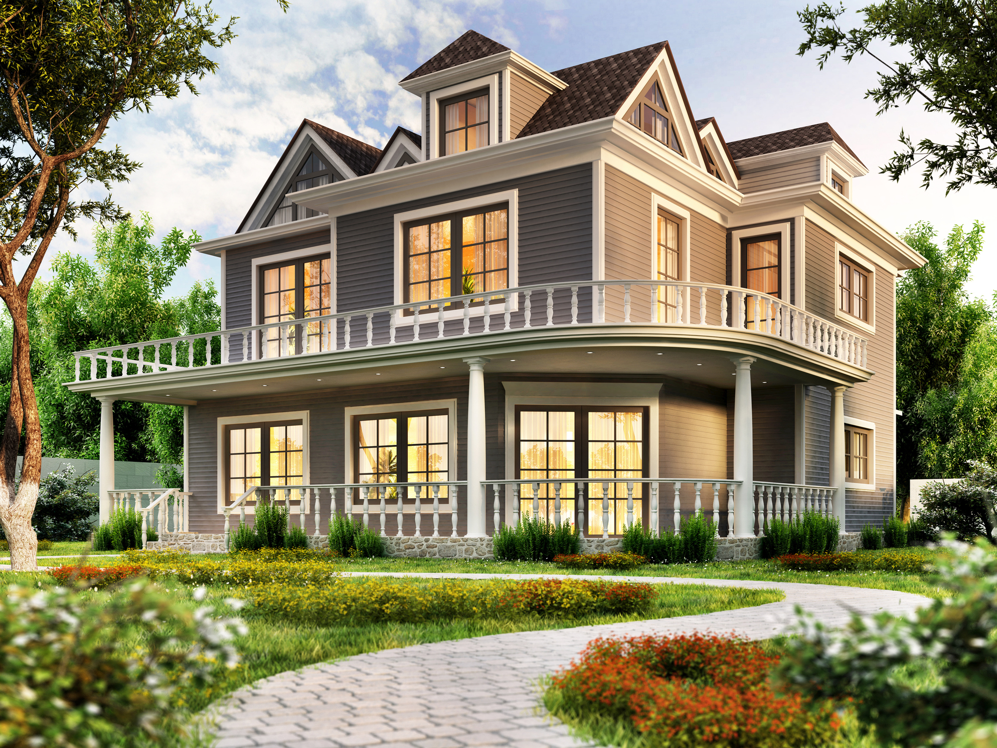 Luxury home exterior painting with custom gray walls and white railings