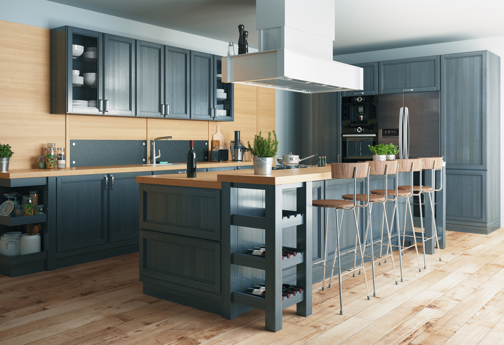 Cabinet painting service showing dark blue grey kitchen cabinets