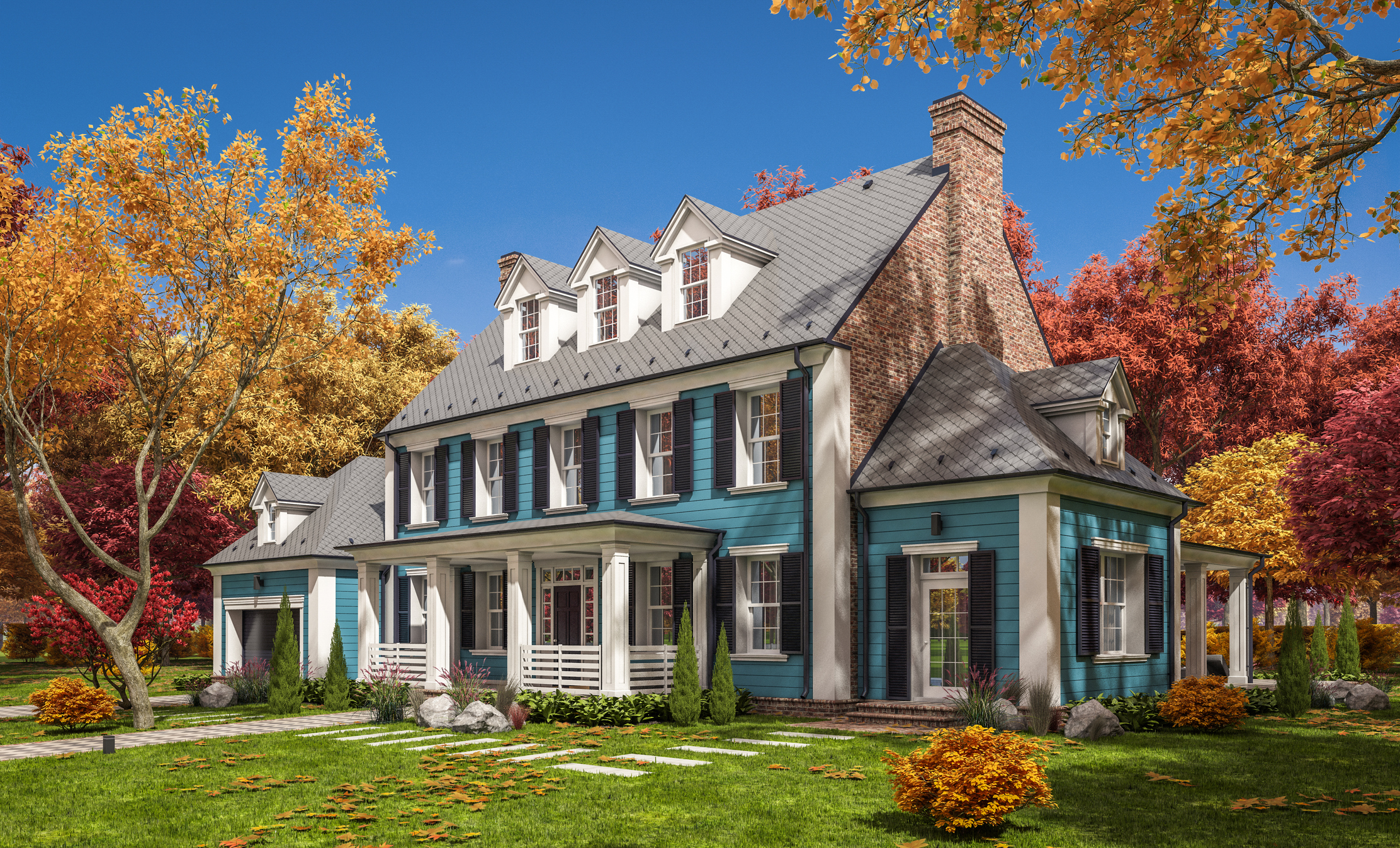 Colorful exterior house painting in teal and white trim