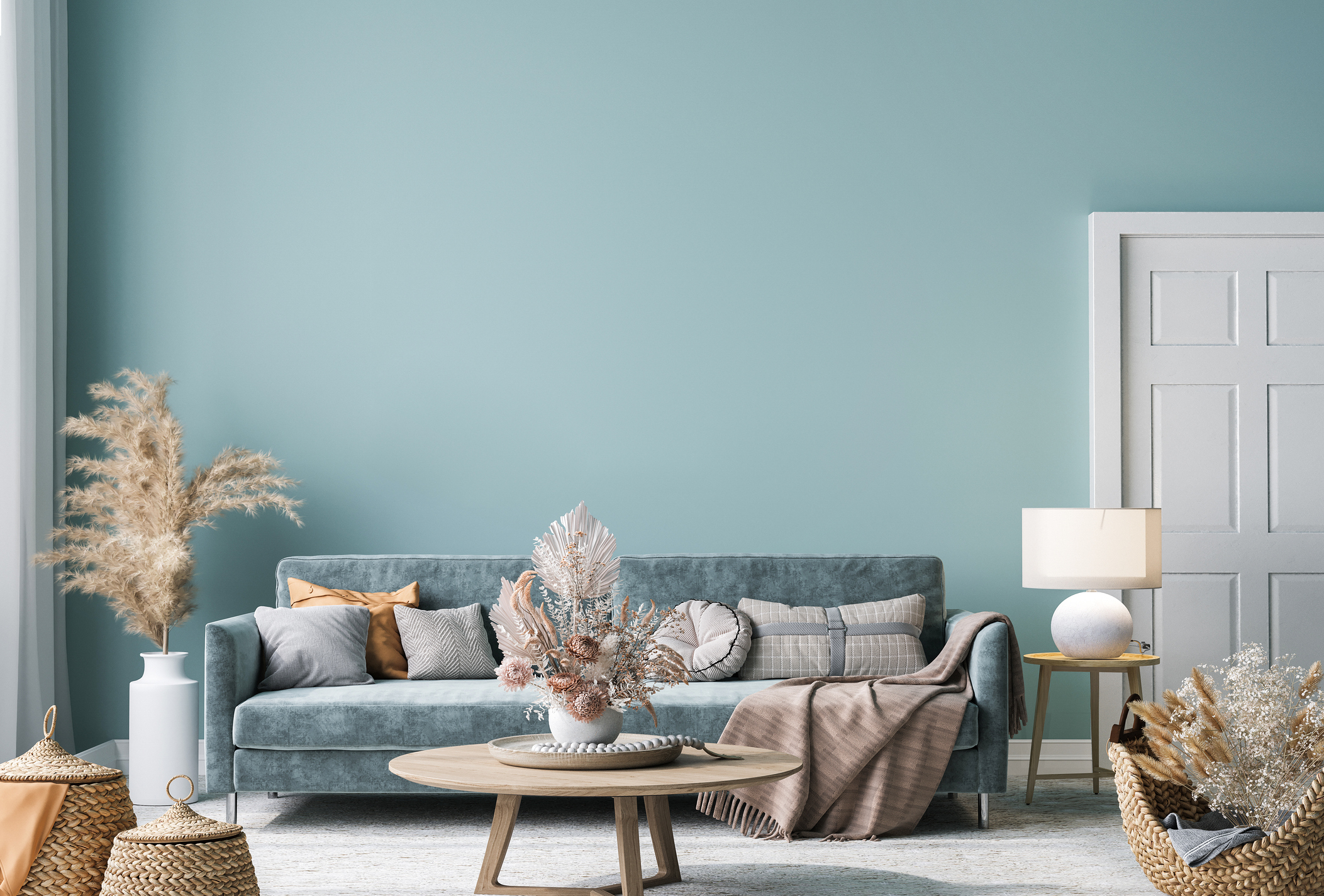 Modern living room featuring custom teal accent wall paint