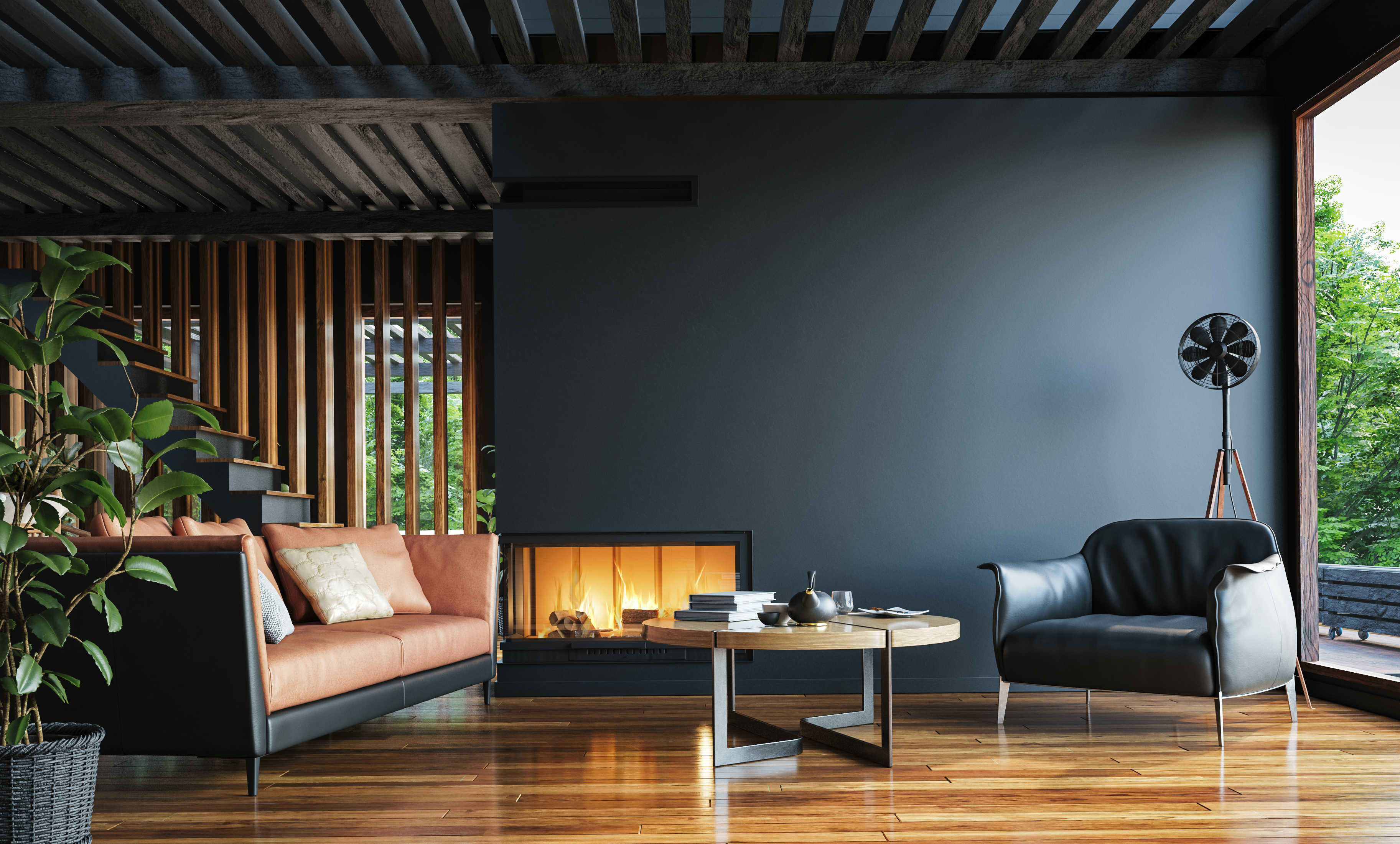 Modern living room with a matte black accent wall and fireplace