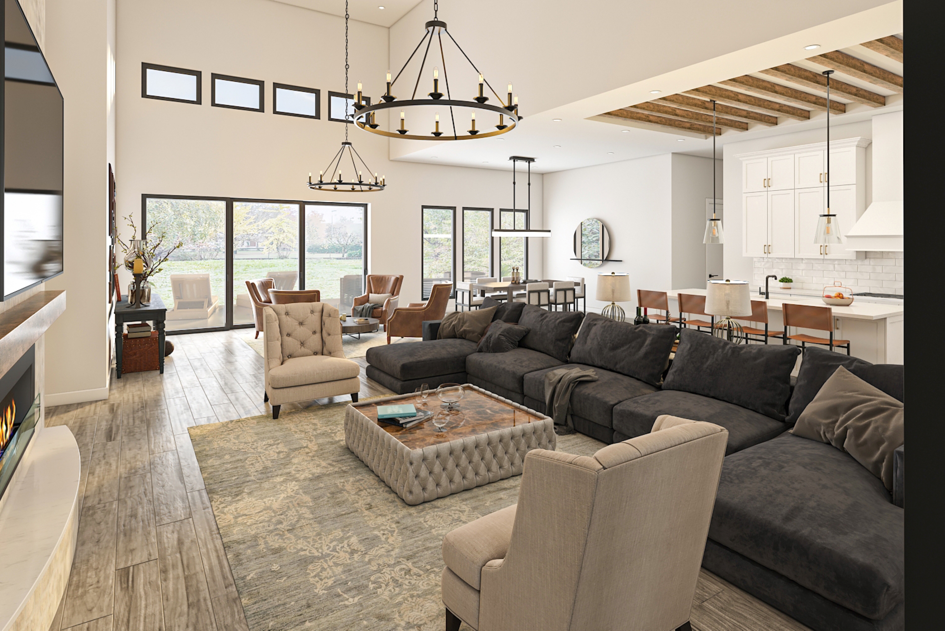 Elegant living room with tall white walls and modern black metal chandeliers.