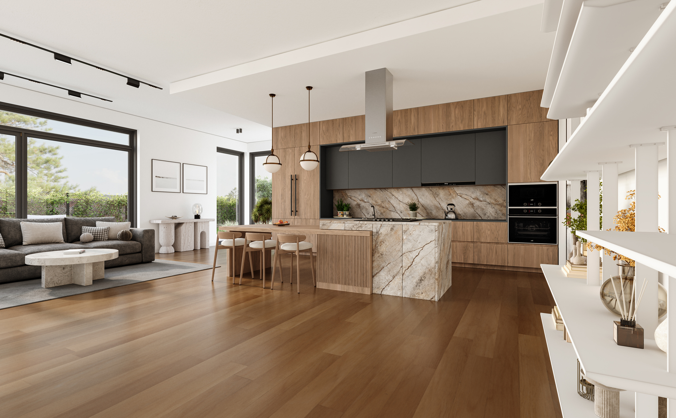 Minimalist kitchen with warm wood cabinets and a marble waterfall island.